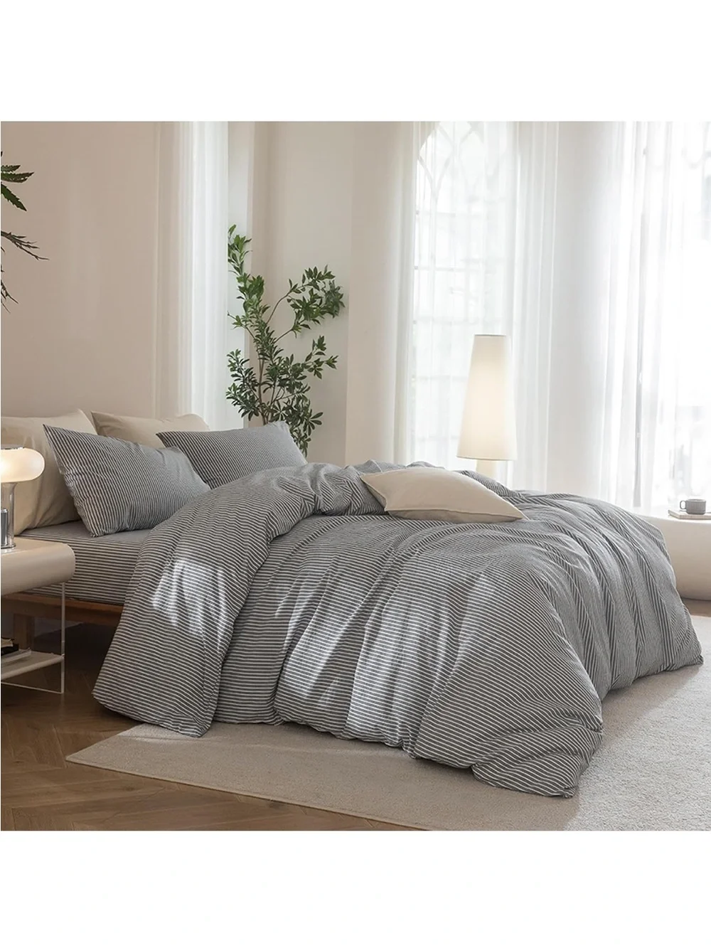 NEW Queen 100% Washed Cotton Duvet Cover Set, 3-Piece, Linen-Like Pinstripe